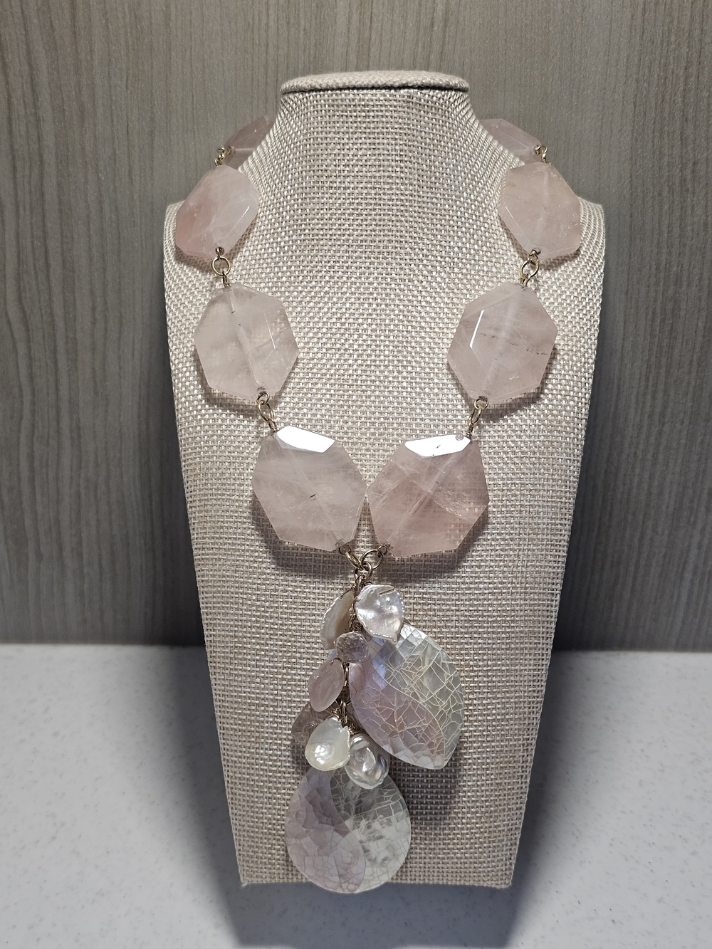 Chunky Rose Quartz Statement Necklace Genuine Mother of Pearl Mosaic Pendant DL